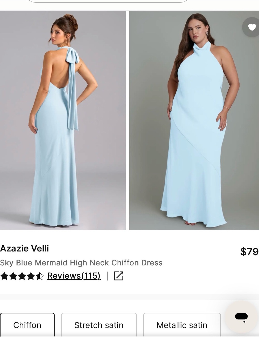 Azazie Velli Sky Blue Backless Halter Chiffon Gown